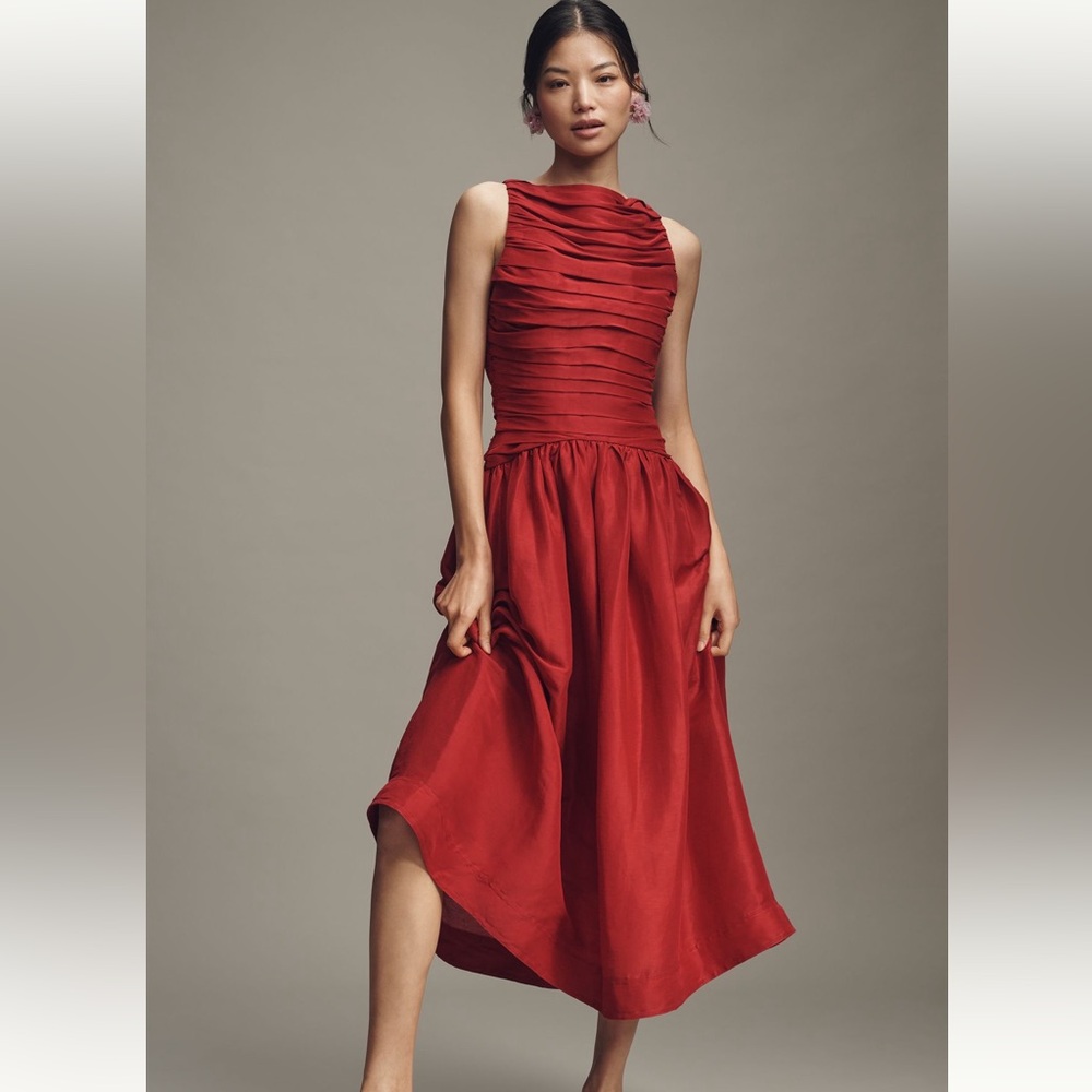 Lovaan Val NWT linen/silk elegant pleated midi dress; size 10; cotton lined